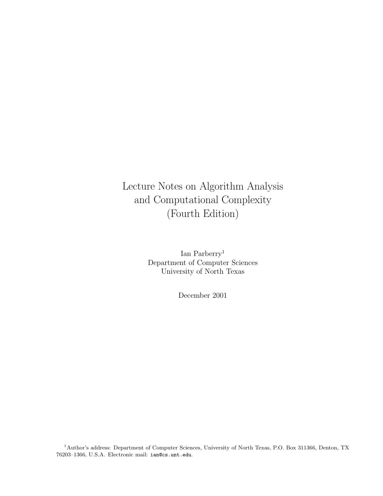 Lecture Notes on Algorithm Analysis and Complexity Theory
