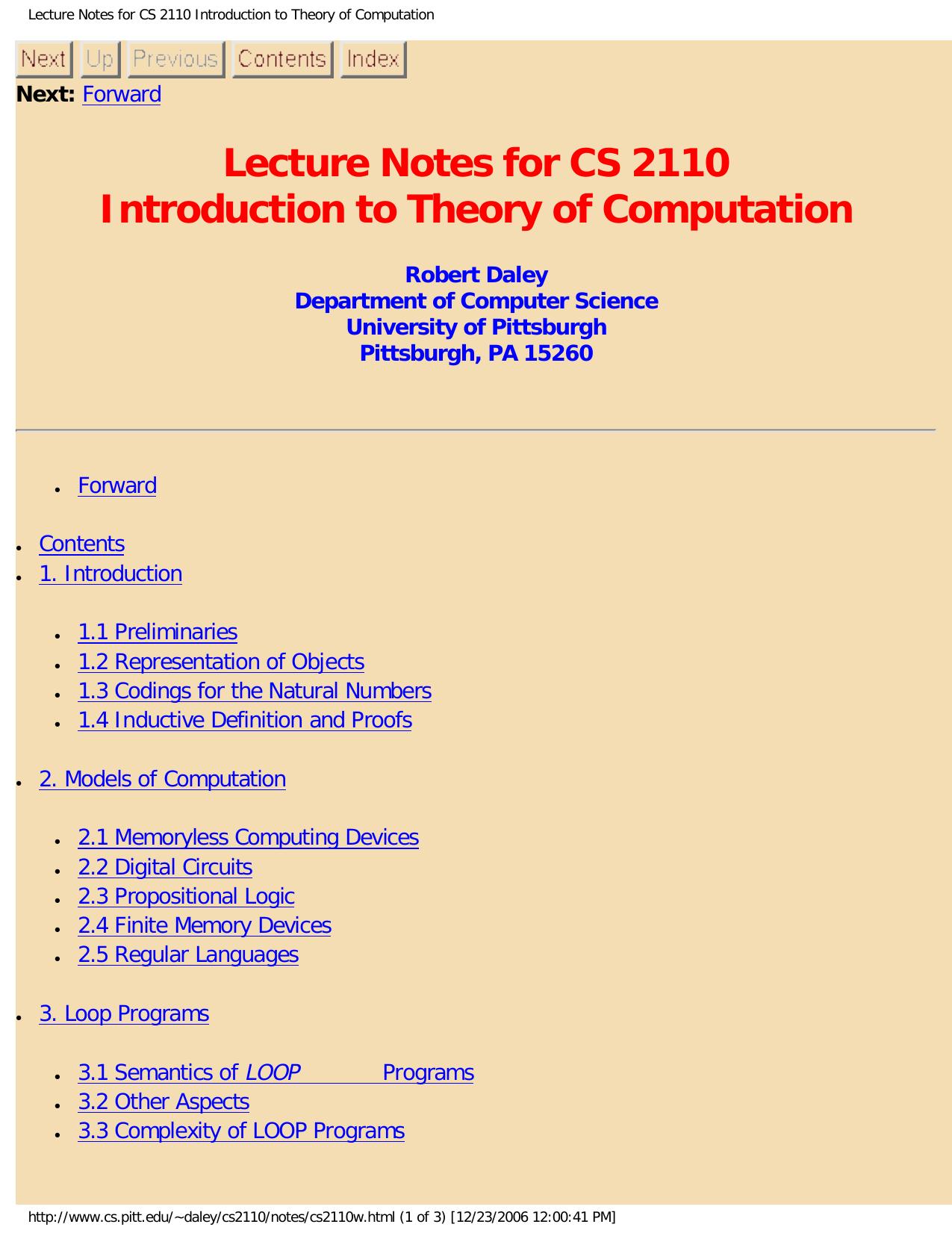 Lecture Notes for CS 2110 Introduction to Theory of Computation